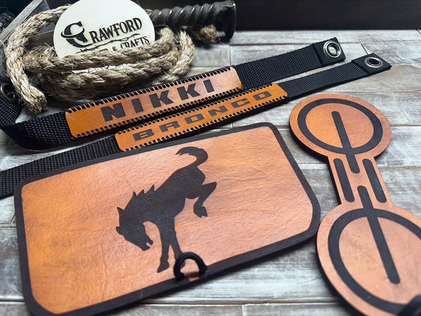 Ford Bronco Leather Tray & Cup Holder Insert | 2021–2024 | Custom Bronco Logo | Handmade Leather (Automatic Transmission)