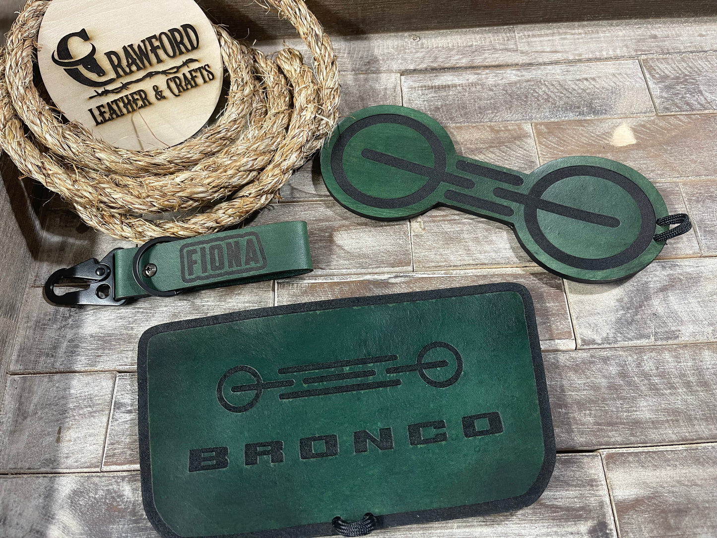 Ford Bronco Leather Tray & Cup Holder Insert | 2021–2024 | Custom Bronco Logo | Handmade Leather (Automatic Transmission)